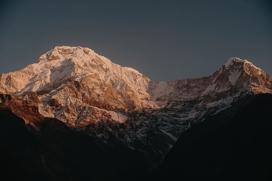 snow capped mountains under gray sky, rock, beauty in nature HD wallpaper