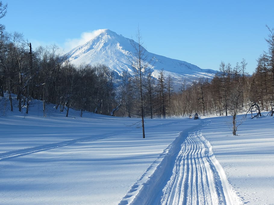winter, snow, volcano, forest, frost, snowmobile, journey, nature HD wallpaper
