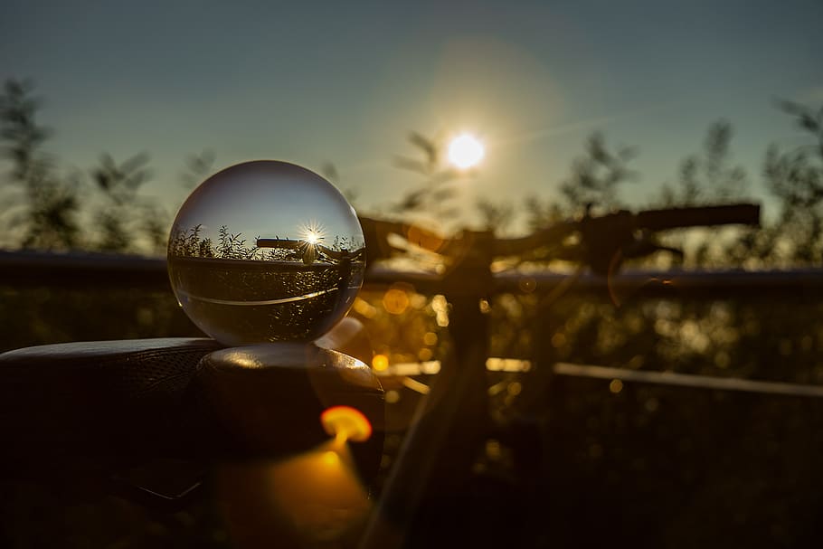 nature, landscape, bicycle tour, glass ball, photography, sunset