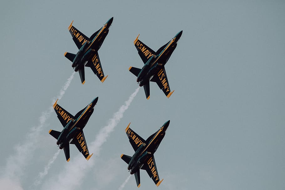 four black-and-yellow planes doing contrails, airplane, transportation, HD wallpaper