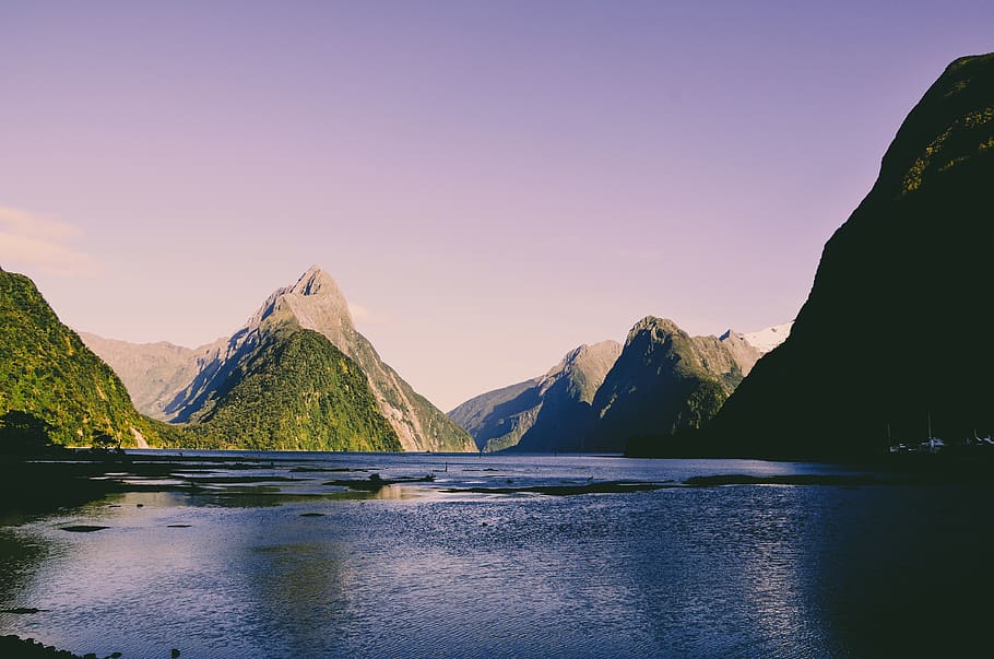 new zealand, milford sound, water, sky, background, wallpaper