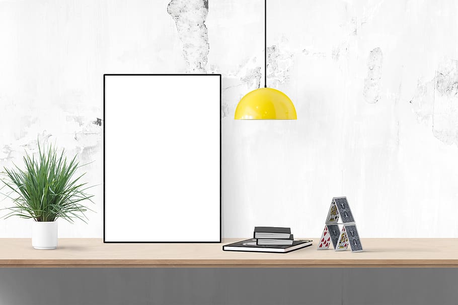 poster, frame, plant, lamp, books, cards, table, indoors, technology HD wallpaper