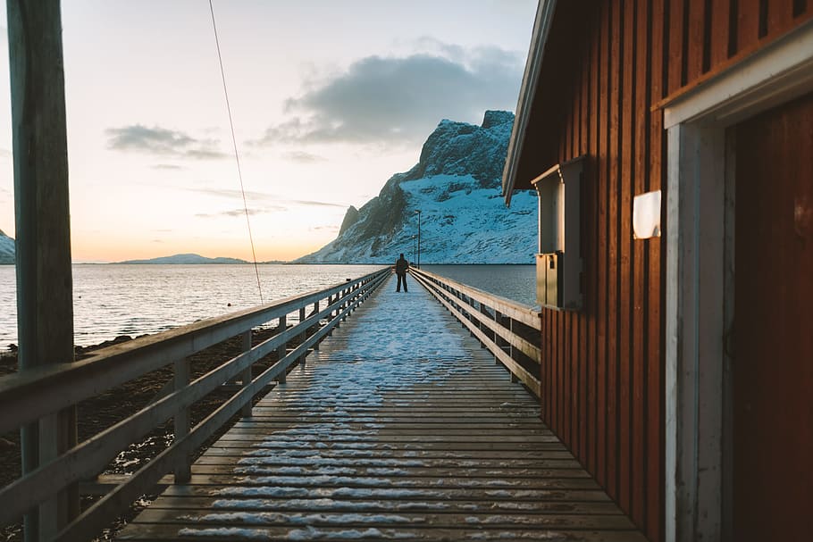 Man Standing On Pier, architecture, jetty, norway, ocean, outdoors HD wallpaper