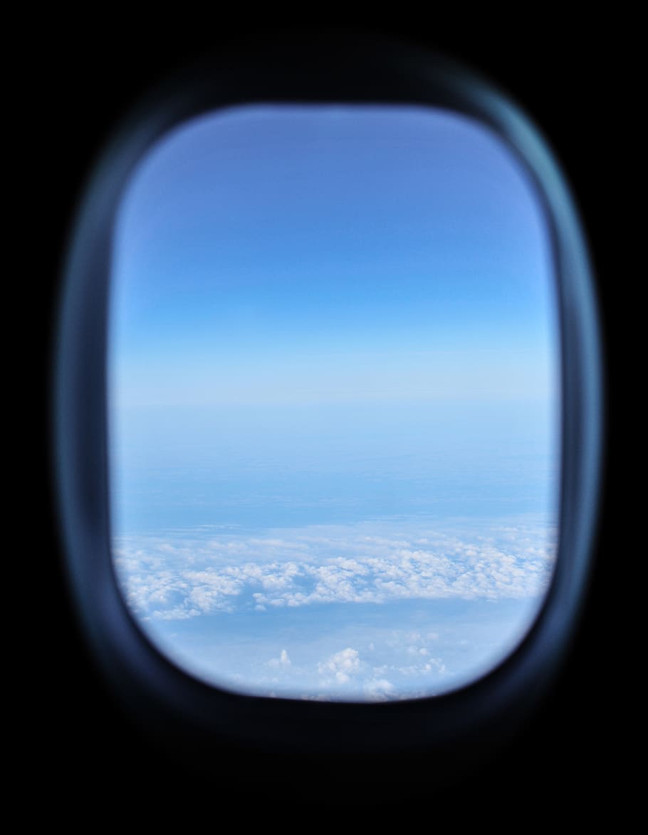 window, sky, skies, plane, clouds, blue, fly, flight, holiday HD wallpaper