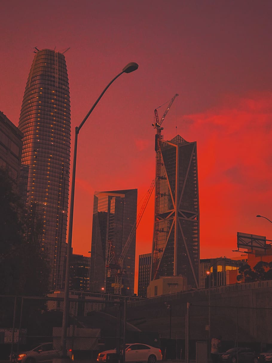 downtown, construct, construction, under construction, sunset HD wallpaper