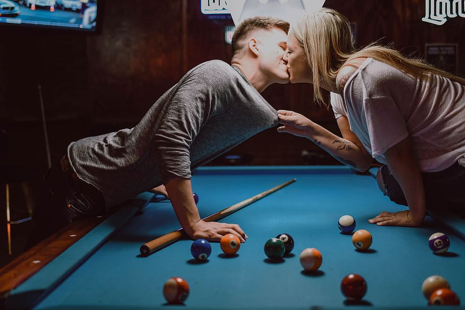 man and woman kissing on pool table, female, together, love, happy