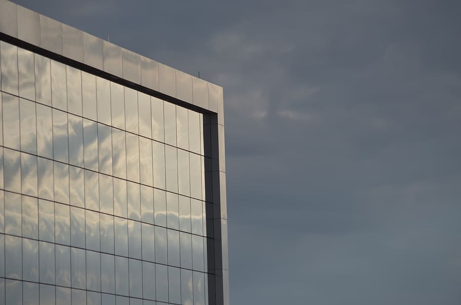 building, architecture, mirror, urban, cloudy, lines, shapes HD wallpaper