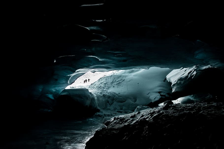 photo of cave, ice, glacier, trek, hiker, trekking, snow, mountain HD wallpaper