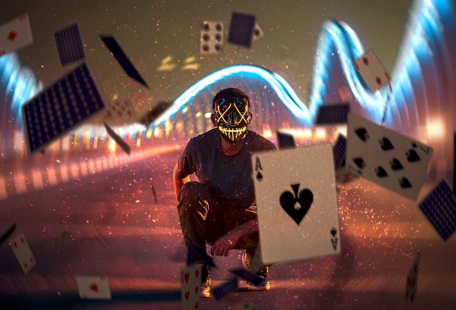Man Sitting on Red Ground, ace, action, adult, blur, cards, casino