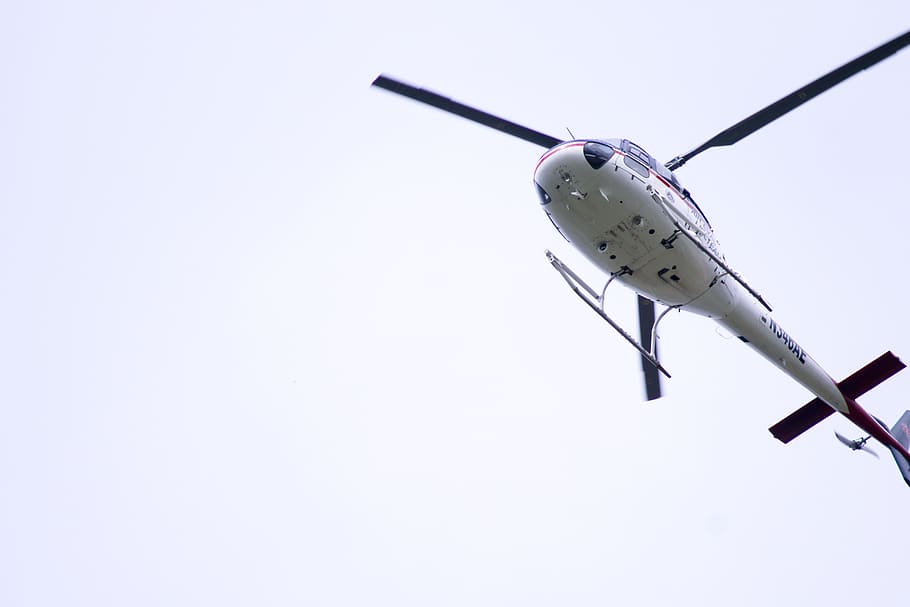 white helicopter on air, clear sky, low angle view, copy space HD wallpaper