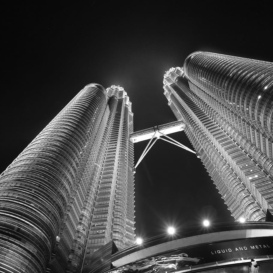 Petronas Towers, architecture, black and white, bridge, building, HD wallpaper