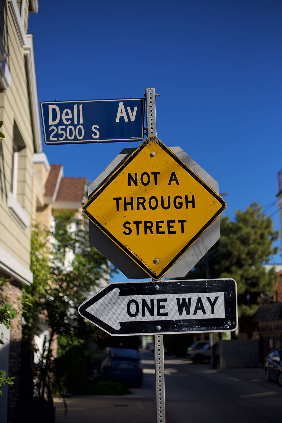 street, sign, dell av, one way, ca, la, los angeles, text, communication