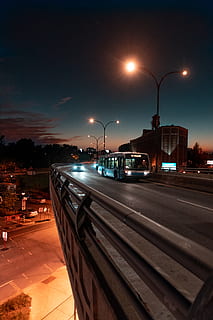 bus on road during nighttime, banister, handrail, way, tarmac HD wallpaper