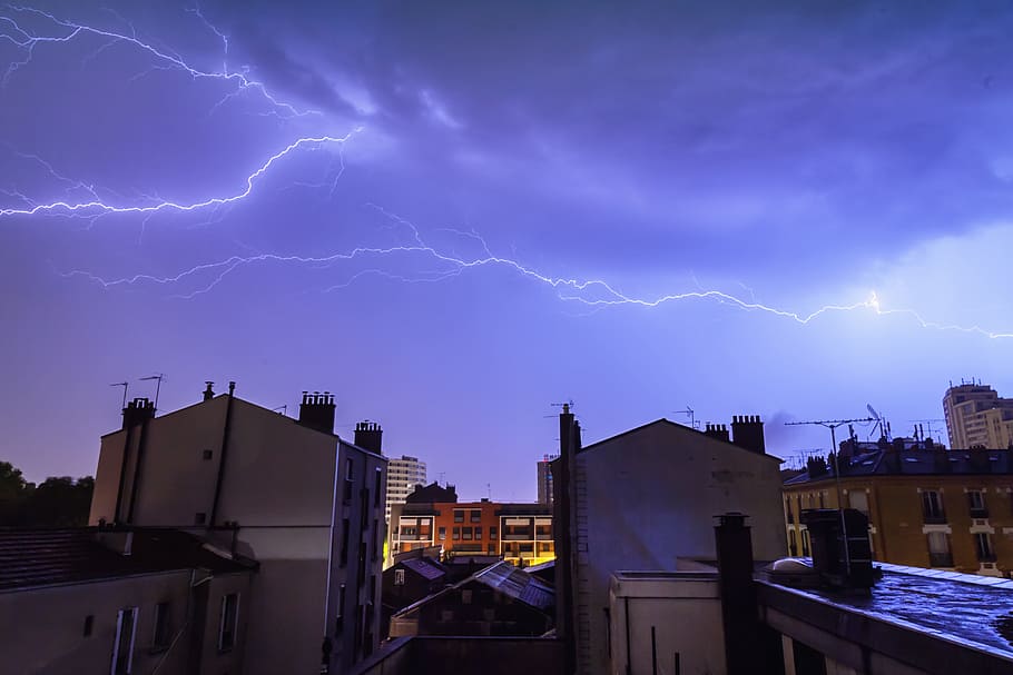 white buildings under lightnings, sky, storm, architecture, landscape HD wallpaper
