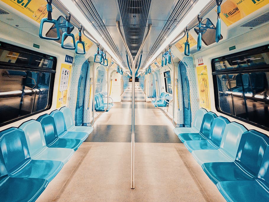 train interior with blue chairs, corridor, transportation, vehicle HD wallpaper