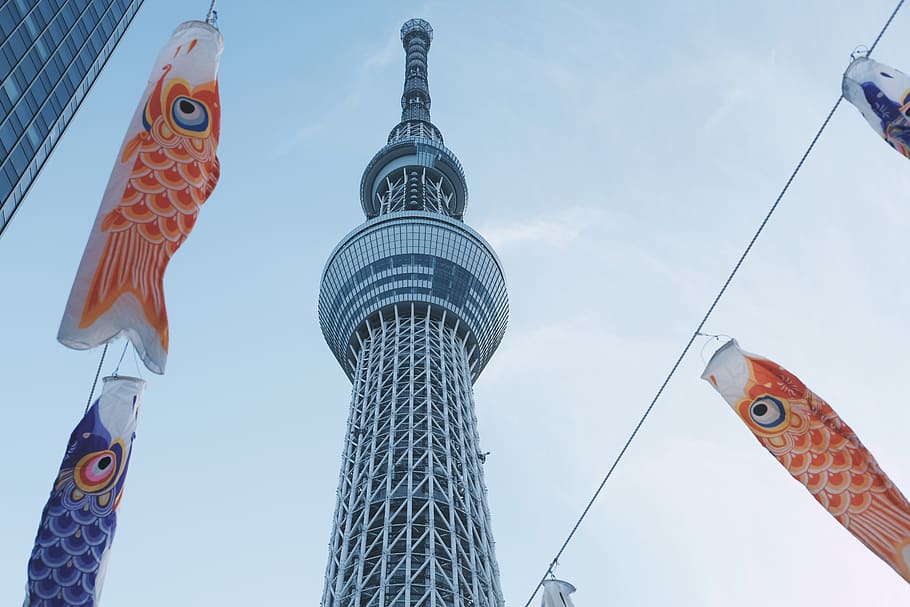 Low Angle Shot of the Tokyo Skytree, architecture, building, carp streamer