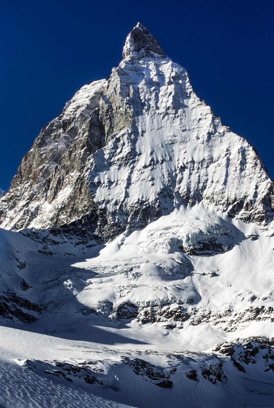 gray mountain covered by snow, peak, shadow, blue sky, white HD wallpaper