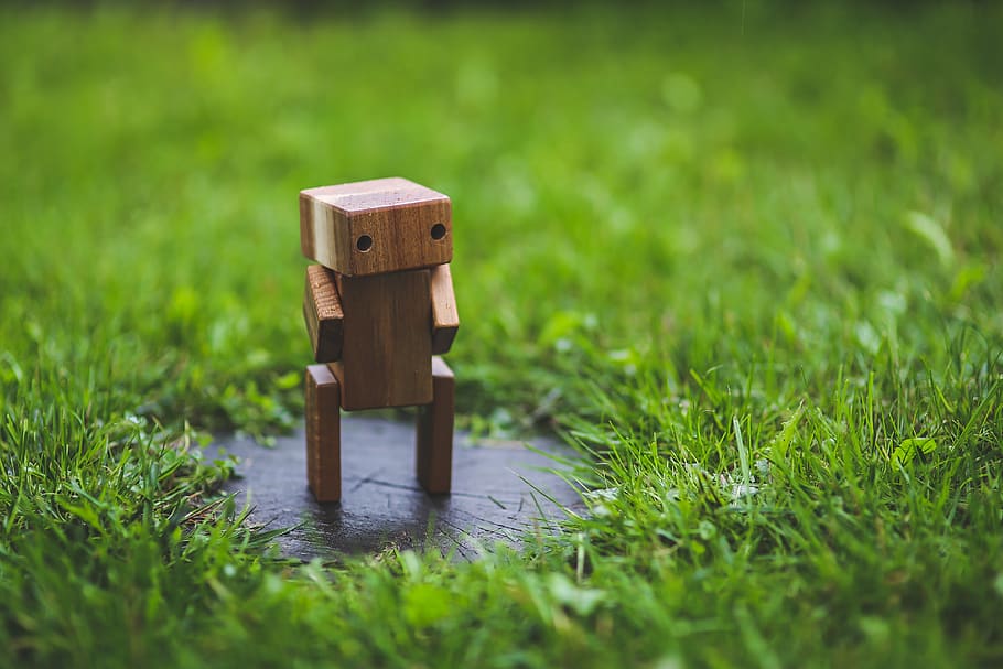 Wooden Robot, diy, grass, green, handmade, lawn, minecraft, toy HD wallpaper