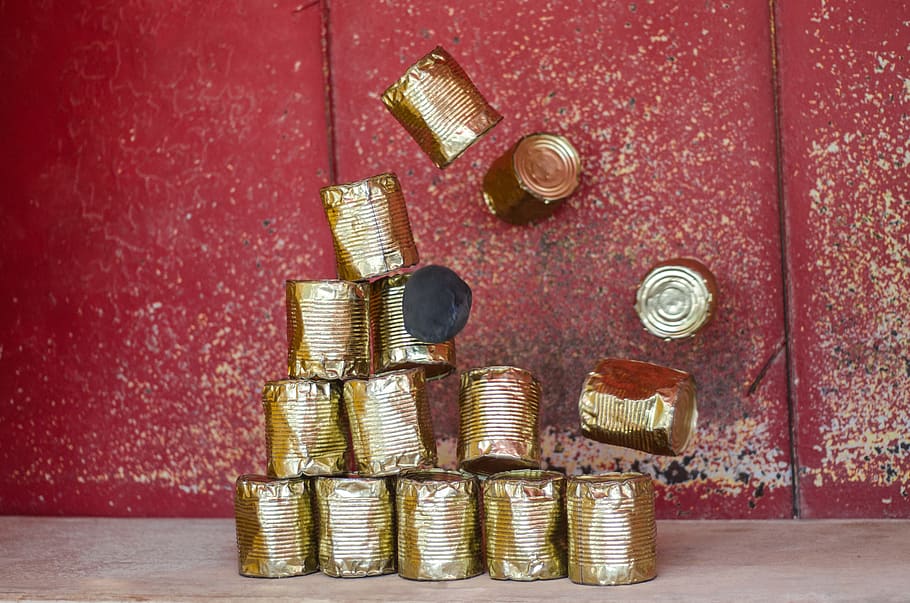 tin cans, objects, falling, coin, indoors, finance, still life HD wallpaper