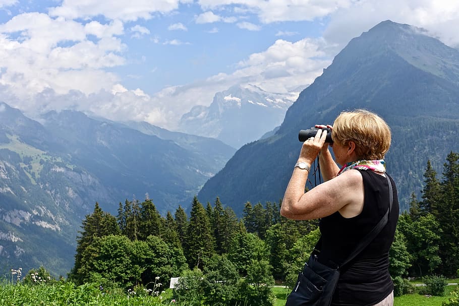 mountains, view, outlook, environment, nature, woman, photographer HD wallpaper