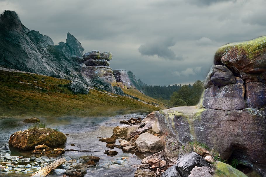river, gray, water, rocks, sky, rock - object, solid, beauty in nature HD wallpaper