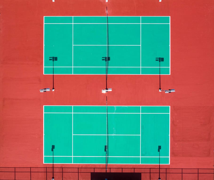 Tennis Court, aerial shot, bird's eye view, from above, green color