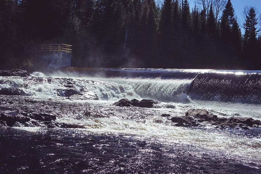 canada, ferland-et-boilleau, flowing, river, rocks, trees, dam, HD wallpaper