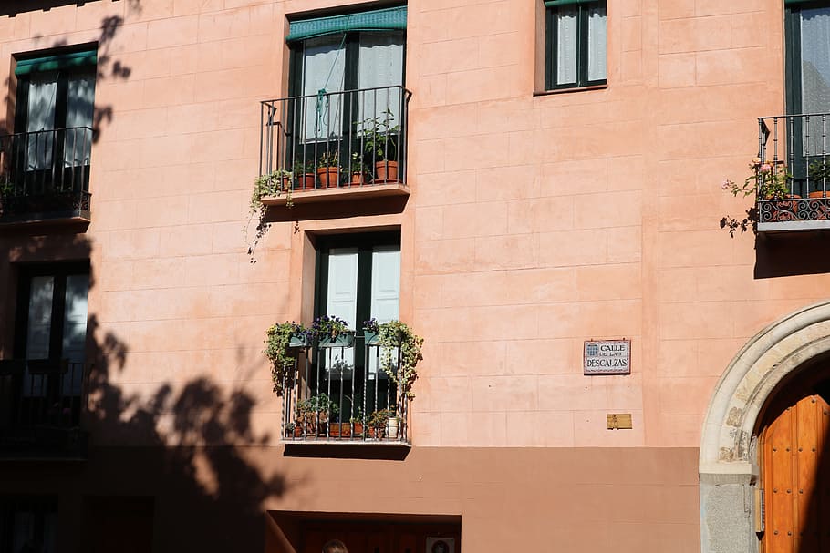 brown concrete building with plant pot during daytime, wall, window HD wallpaper