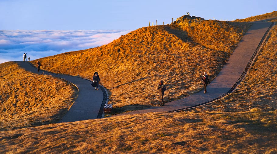 landscape, sky, cloud, mountain, volcano, road, path, pedestrians HD wallpaper