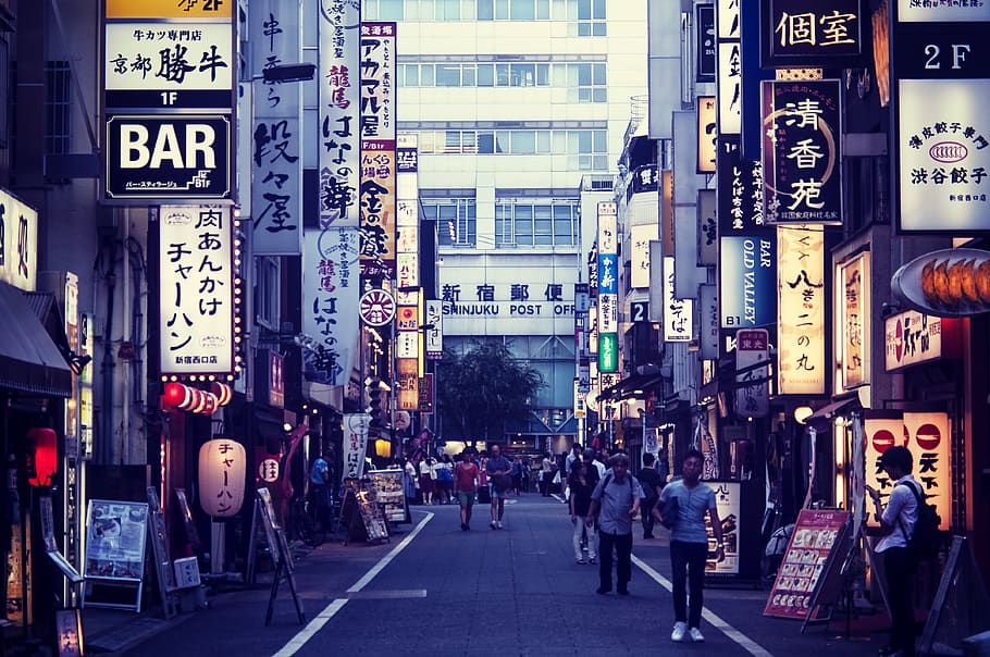 japan, shinjuku, street, evening, signboard, light, lantern
