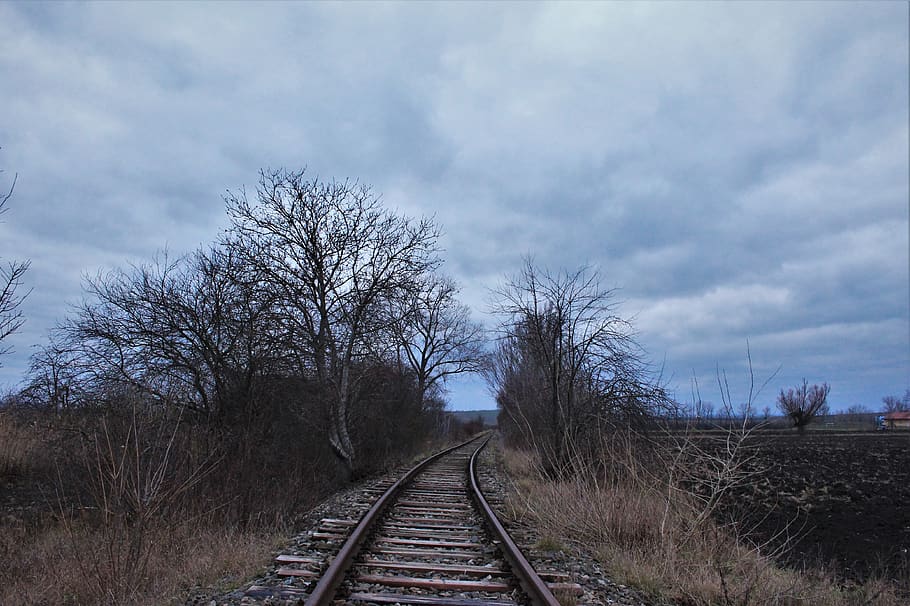 clouds, winter, rainy, cloudy, dark, evening, railroad track HD wallpaper