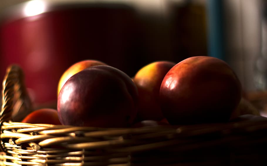 fruits, fresh, basket, peaches, background, natural, organic HD wallpaper