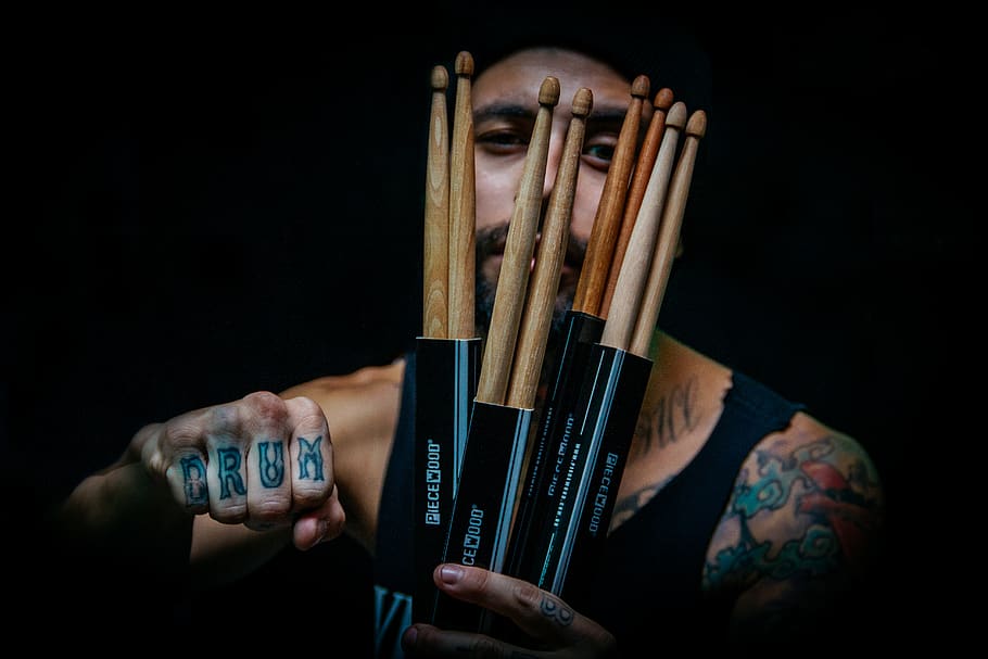 Man Holding Drum Sticks, art, background, black, business, creativity HD wallpaper