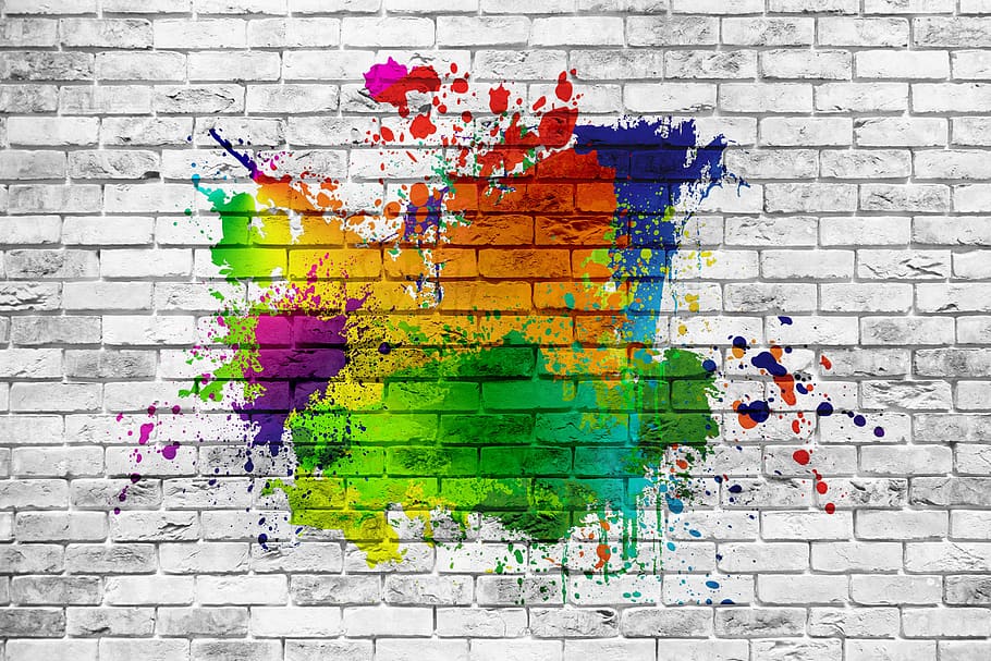 brick wall, white, embroidery, dab, color, spray, colorful, HD wallpaper