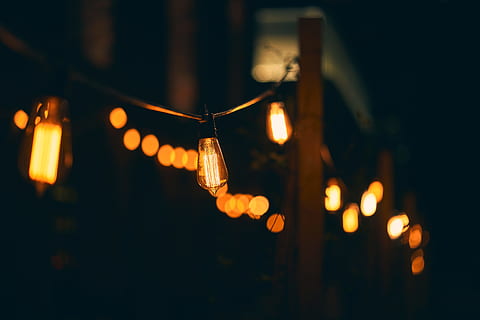 bulb string lights, lamp, filament, yellow, warm, bokeh, darkness HD wallpaper