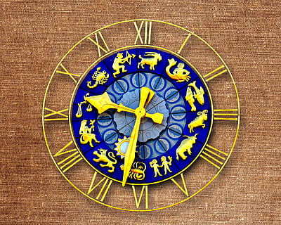 clock, zodiac sign, time of, pointer, dial gold, blue, circle HD wallpaper