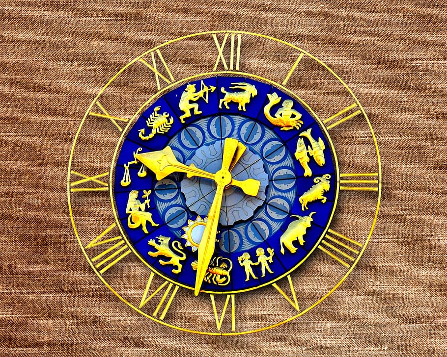 clock, zodiac sign, time of, pointer, dial gold, blue, circle HD wallpaper