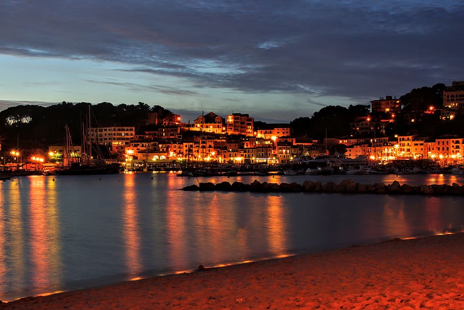 spanien, sóller, sunset, harbor, lightning, ocean, building exterior HD wallpaper