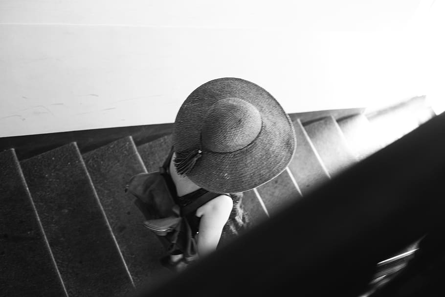 A girl in hat goes down the stairs, adult, back, background, beautiful HD wallpaper