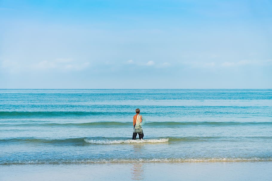 Man Standing at the Beach, activity, clouds, coast, landscape HD wallpaper
