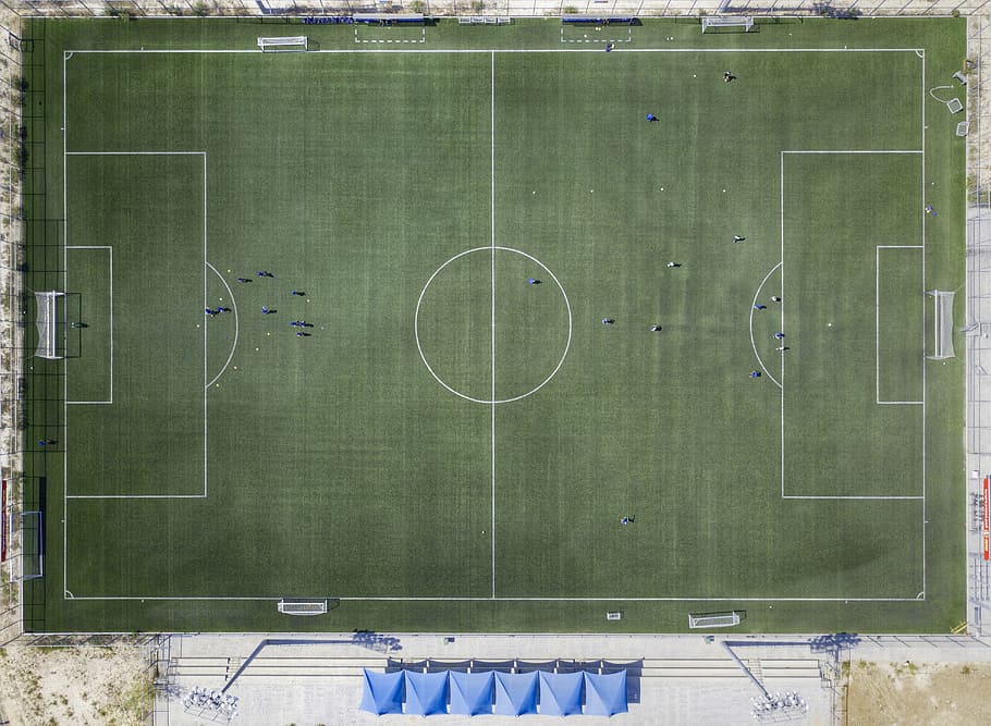 aerial view photo of sports field, drone, soccer, grass, footbal