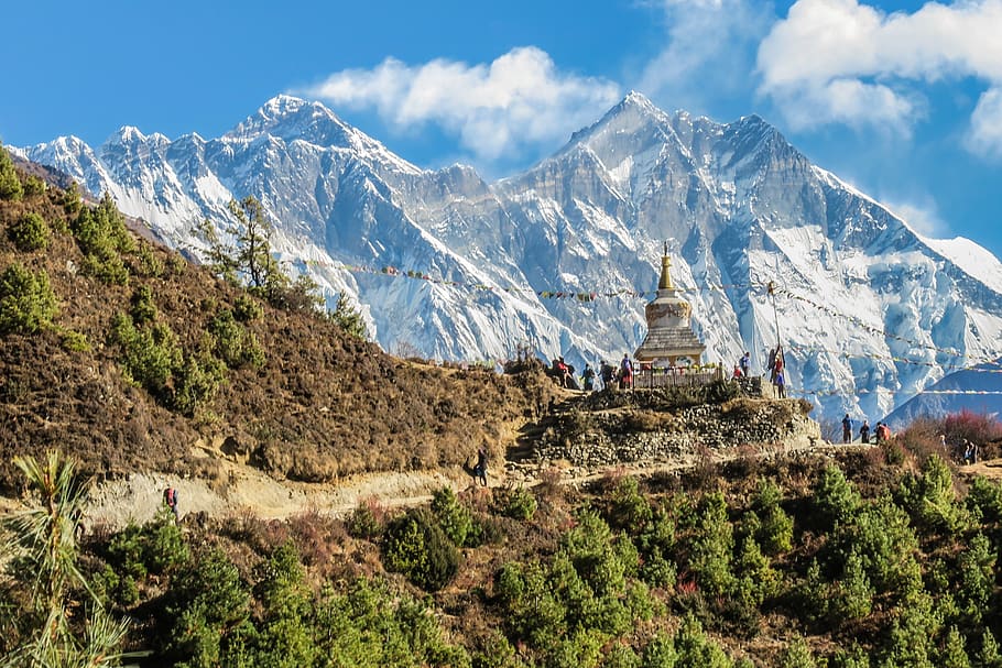 gray temple scenery, mountain, architecture, religion, built structure HD wallpaper