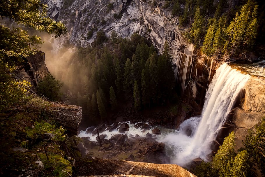 Aerial Photography of Water Falls and Mountains, beautiful, environment HD wallpaper