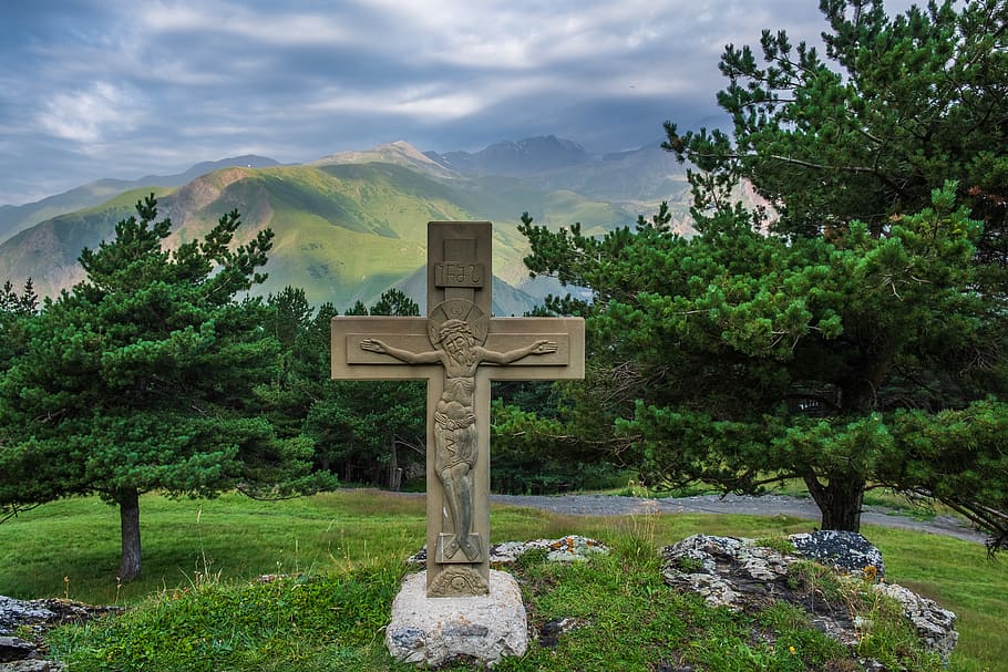 crucifix on tombstone, religion, belief, plant, cross, spirituality HD wallpaper