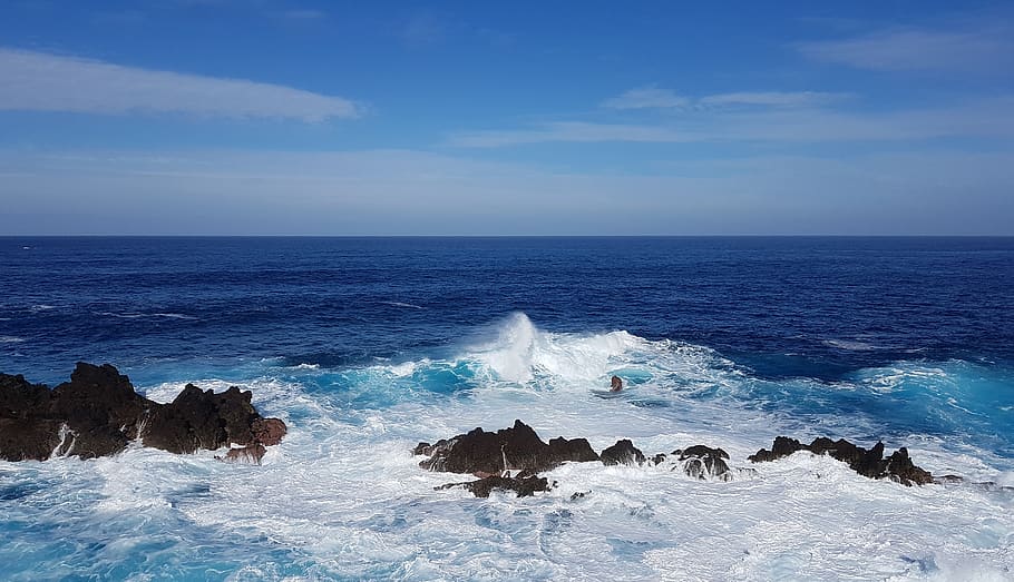 madeira, atlantic, water, wave, rau, blue, ocean, rock, sea HD wallpaper