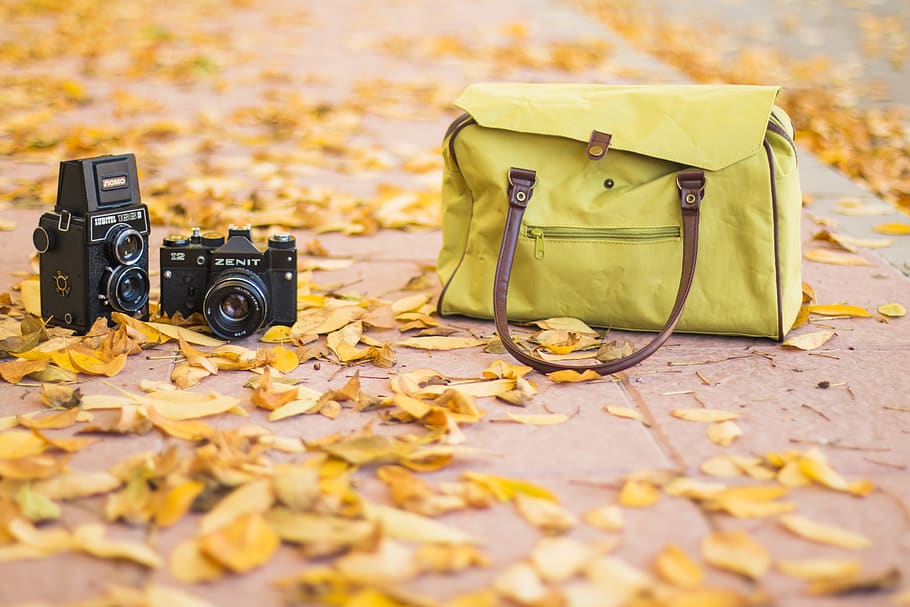 Two Black Cameras Near Yellow Shoulder Bag, dslr, handbag, hipster HD wallpaper