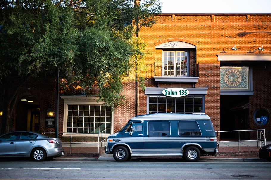 parked blue van, car, transportation, vehicle, automobile, wheel HD wallpaper