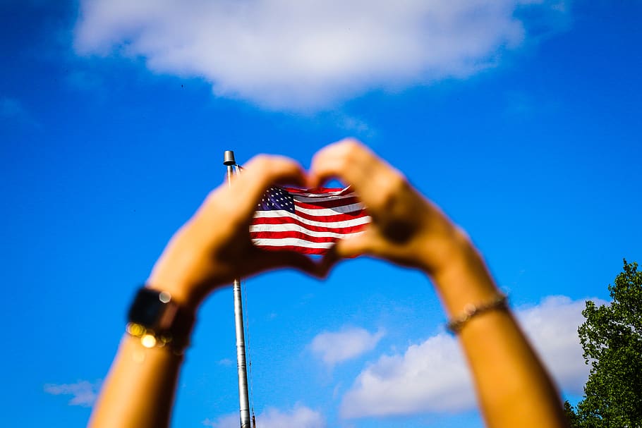 Human Hands and Us Flag, america, American flag, blue sky, blur HD wallpaper