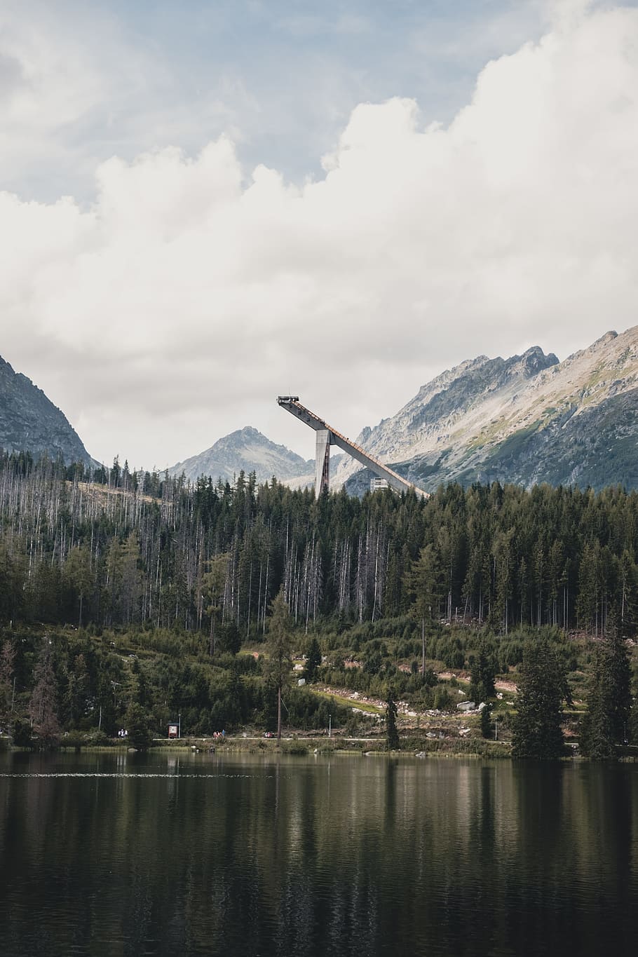 lake surrounded with green trees, view, mountain, jump, skijump HD wallpaper