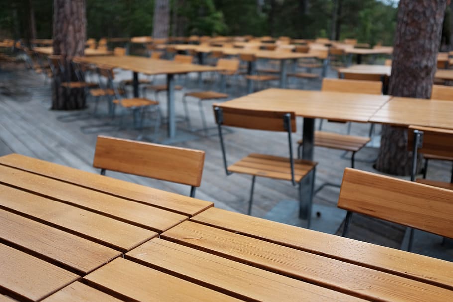 tables, forest, wood - material, seat, empty, chair, focus on foreground HD wallpaper